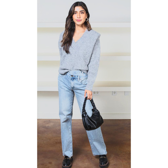 pistola Sweaters - Pistola Camille Sweater V Neck Gray Mohair with Shoulder Pads Modern NEW w Tags